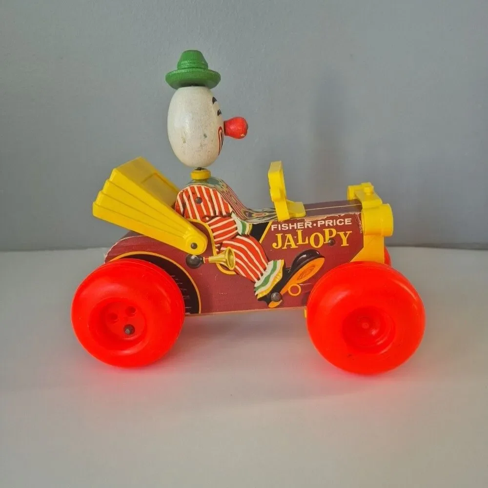 Fisher Price Vintage 1965 Wooden Jolly Jalopy the Clown Pull Toy Model 724